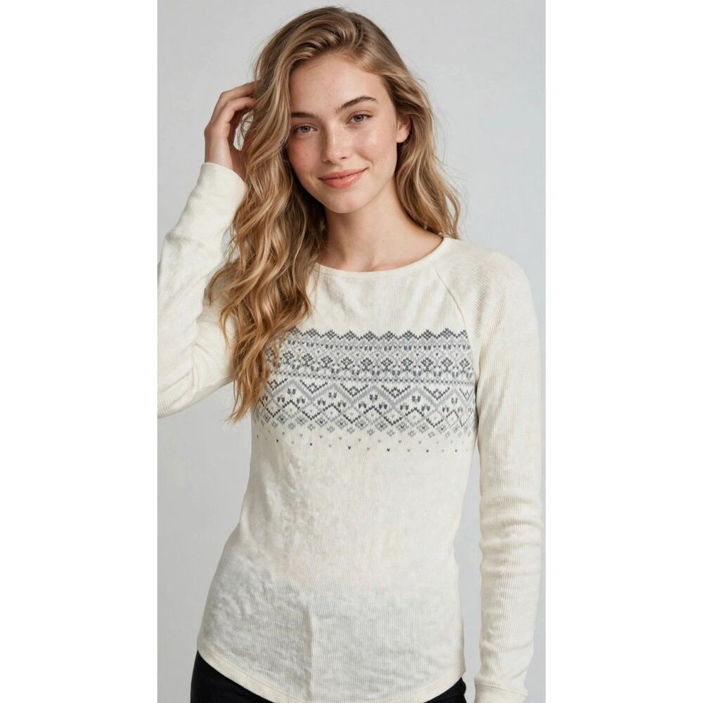 Eddie Bauer Fair Isle Thermal Waffle Knit Sweater Long Sleeve Cream Women S